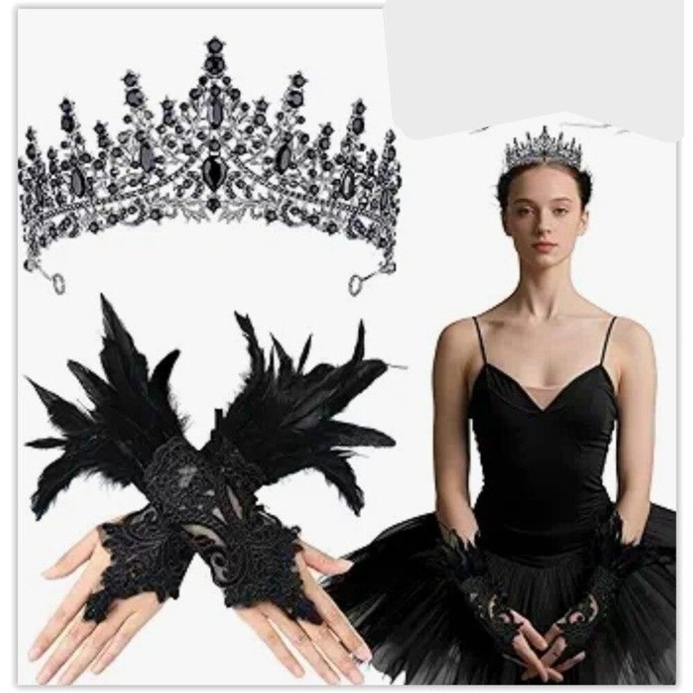 4pc Black Swan Silver Tiara Crown, Gloves, Tutu Ballet Goth Rhinestone Cosplay